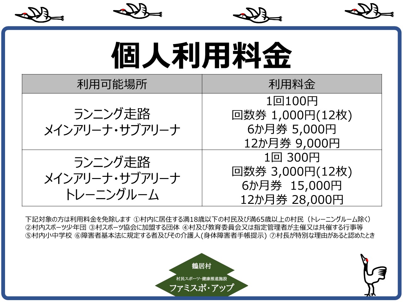 鶴居村村民スポーツ健康増進施設「ファミスポ・アップ」利用料金