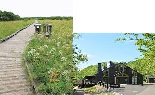 左：緑の草原が広がる中央に木製の道が奥へと続いている写真、右：一部がガラス張りになっている三角屋根をした温根内ビジターセンターの外観写真